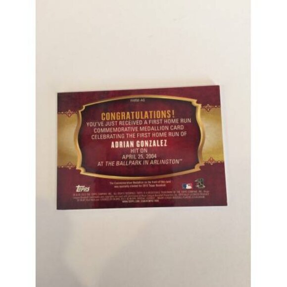 2015 Topps~ADRIAN GONZALEZ 1ST HR MEDALLION RELIC 2004 Rangers #FHRM-AG (MISC1) - Picture 2 of 2